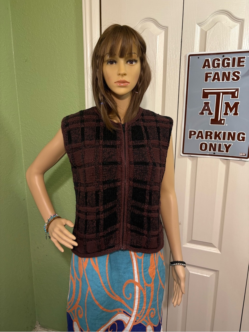 Artisan Burgundy and Black Plaid Sleeveless Knit Vest
